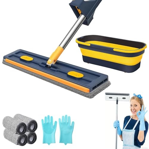 2026 Balai Serpillière Rotatif avec Technologie Essorage Intégré, Balai Serpillère avec Ou sans Seau, Tête Rotative 360° & Microfibre, Fini La Corvée De Nettoyage (1PC-Bleu, 4Pads+Seau)