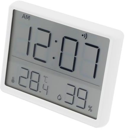 Digitales Thermometer und Hygrometer mit Uhranzeige, Luftfeuchtigkeit für Zuhause, Büro, Schlafzimmer, 12/24 Stunden, Wandmontage, Saugnapf, ABS, Weiß/Schwarz (Weiß)