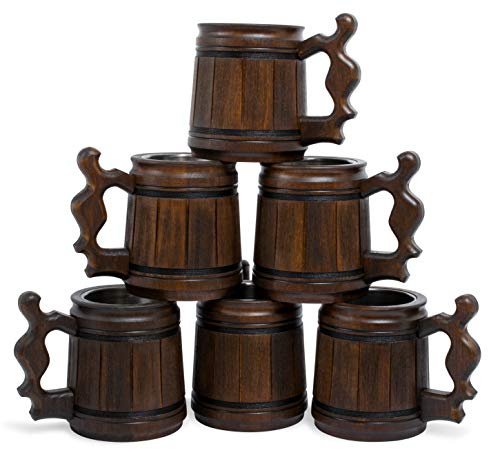 MyFancyCraft Set of 6 Beer Mug 10 OZ - Coffee Mug - Beer stein - Wooden beer mug - Stainless Steel Cup - Handmade Gifts for Men - Fathers Day, Christmas or Birthday Gift Idea - Men Mug - Classic Brown