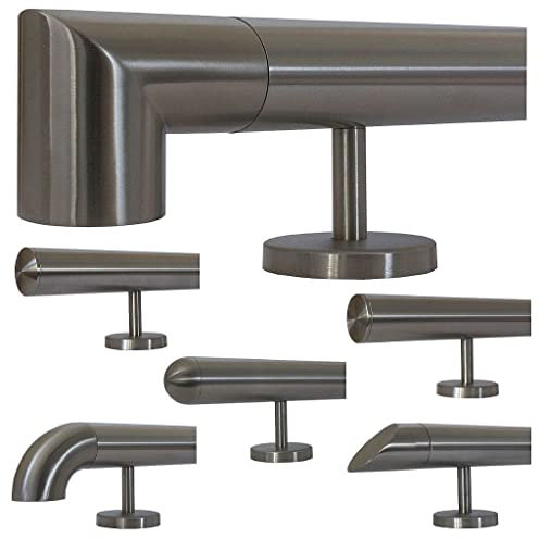 TIBU Corrimano in acciaio inox, lunghezza 0,3 m – 6 m in un unico pezzo e diversi terminali con supporto dritto, lunghezza 80 cm con 2 supporti e estremità con angolo alla parete