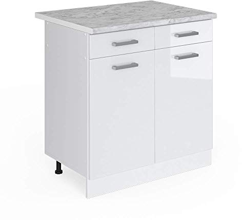 Vicco Küchenunterschrank R-Line, Schubladenschrank für die Küche, Weiß Hochglanz/Weiß, 80 cm, AP Marmor