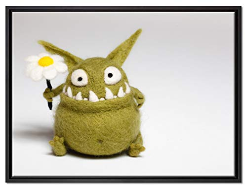 Pixxprint Süßes grünes Monster Leinwandbild 80x60 cm im Bilderahmen, Wandbild, Schattenfugenrahmen, Kein Poster