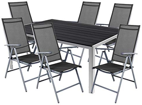 Mojawo 7er Set Alu Silber Gartenmöbel Gartengarnitur Non Wood 150x90x74cm + 6 Hochlehner Textilen