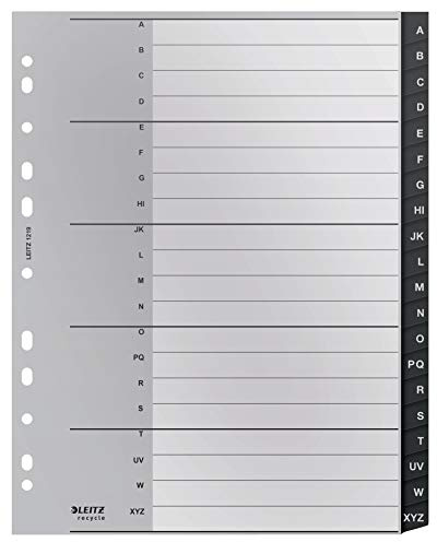 Leitz Índice Separador, 20 Pestañas A-Z, A4, Extra Ancho, 90% Plástico Reciclado, Respetuoso con el Medio Ambiente, Gama Recycle, Negro, 12190000
