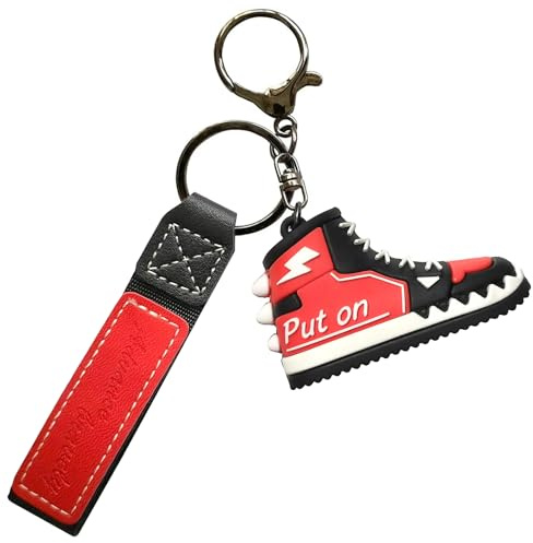 Porte-clés Sneaker 3D Rouge Noir – Porte-clés Stylé avec Sangle Simili Cuir, Porte-clés Durable pour Fans de Sneakers, Petit Cadeau Parfait pour Anniversaire, Noël & Diplôme