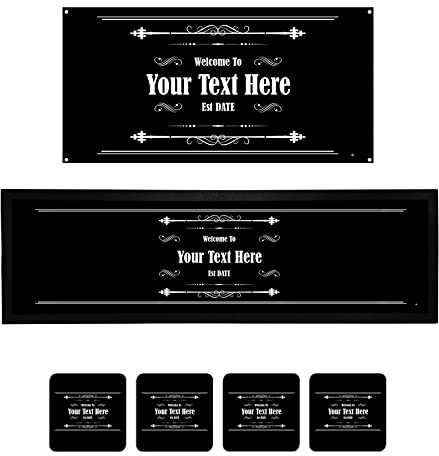 Bang Tidy Clothing Personalised Large Bar Runner Beer Mats, Metal Bar Sign, 4 x Drinks Coasters Home Bar Accessories Gift Set|Beer Gifts for Pub Bars Man Cave BAR-RA815-L ADD YOUR TEXT