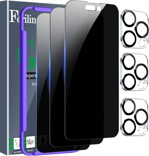 Ferilinso [3+3Stück] Schutzfolie für iPhone 14 Pro Panzer Schutz Glas Sichtschutz Privacy Zubehör 3 Stück Panzerfolie Displayschutz Kameraschutz Camera Glass Screen Protector für 6,1Zoll