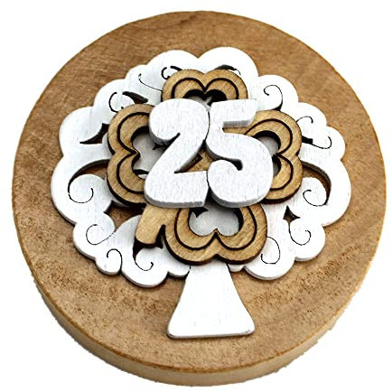 DLM Bomboniere DLM32774 (Kit 6 Pezzi) Apri Bottiglie Apribottiglie Calamita Moderno Design Tondo in Legno + Scatolina in bambù Albero della Vita e Quadrifoglio 25 Anniversario