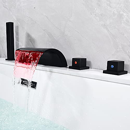 Schwarz Badewannenarmatur LED Wasserfall Duschset mit Brause Wasserhahn Duscharmatur 1/2 Schlauch Armatur Badewannenarmatur Wasserhahn Set 5Loch Wannenarmatur Einhebelmischer