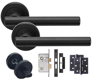 Golden Grace Straight T-Bar Bathroom Door Handle Set, Matt Black, 1 Set | Includes mortise lock, matching thumbturn and 1 pair of ball bearing hinges to provide a secure, complete fitting setup.
