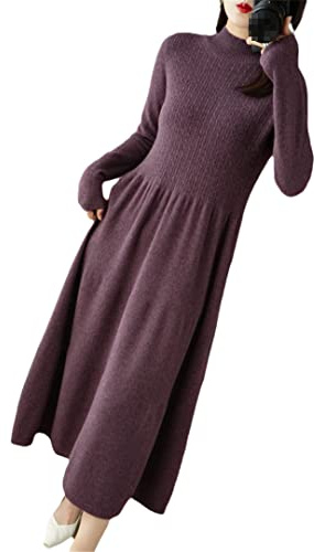 Ownwfeat Women's Pullover Cashmere Wool Dress Long Sleeve Soft Knit Half Turtleneck Long Dress Purple