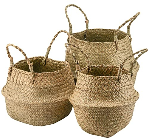 MUKLEI 3 cestas de hierba marina para el vientre, maceta tejida de 3 tamaños con asas, cesta de lavandería para sala de estar, dormitorio, baño, estantes