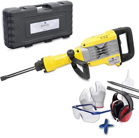 BAMATO Abbruchhammer STH-195 | mit 7-tlg. Zubehörset, Hohe Schlagkraft von 50 Joule, Handgriff mit Soft-Grip, Hexagon Werkzeugaufnahme, Schalterarretierung | Stemmbohrer, Meiselbohrer