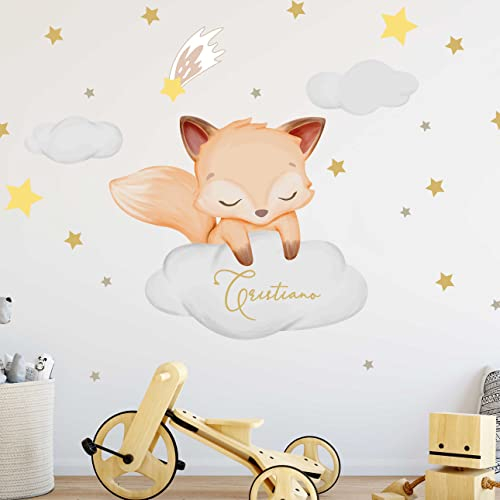 WANDKIND Fuchs Wolke mit Wunschname V392 Wandtattoo Kinderzimmer | handgezeichnet | AUFKLEBER Kindergarten | Wandsticker Babyzimmer Fuchs, Wolke, Sterne (75 x 75 cm)
