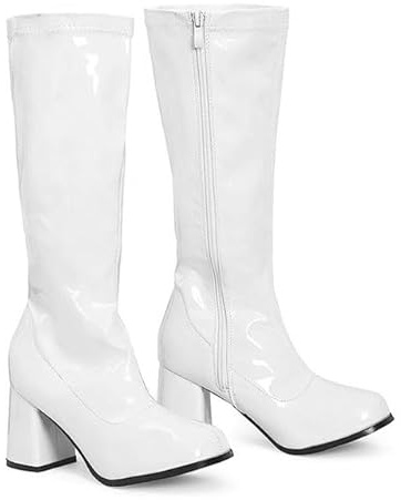 BloomFashion® New Women’s 1960’s 70’s Retro Knee-High Long Heel Boots Ladies Fancy Dress Party Go Go Boots With Side Zip Closure Size 3-12 UK (White, 5Uk)