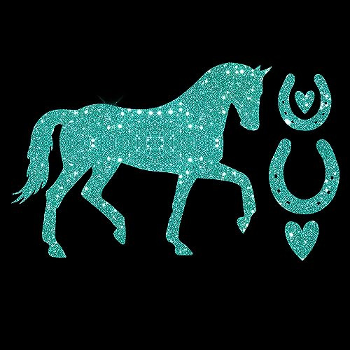Glitzerdeals Bügelbilder Glitzer Pferd mit Hufeisen jade Aufbügler für Textilien Karneval Kostüm Pferd Bügelflicken Pferde Fasching Patch zum Aufbügeln Pferd
