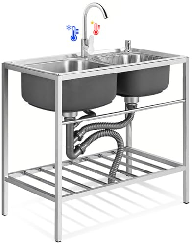 Freistehende Küchenspüle aus Edelstahl, 2 Fächer, Edelstahl-Barspüle mit heißem und kaltem Wasserhahn, für den Innen- und Außenbereich, Doppelbecken, Handwaschbecken, 82 x 45 x 85 cm