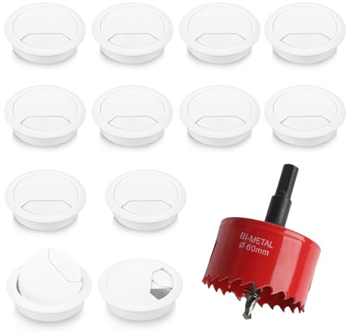 12 Stück Schreibtisch Kabeldurchführung 60mm Kabeldurchlass mit 1 Stück Lochsäge Kabeldurchführung Tisch Rund Kabelführung zum Eindrücken Lochabdeckung Kabelloch für Tisch Büro Arbeitsplatz