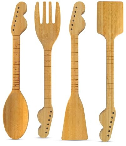 Rise8 Studios Bambus Gitarre Hals Form Küchenhelfer Set – Musiker Geschenke Weihnachtsstrumpf stuffer- Set von 4: Löffel Spatel und Salat Gabel