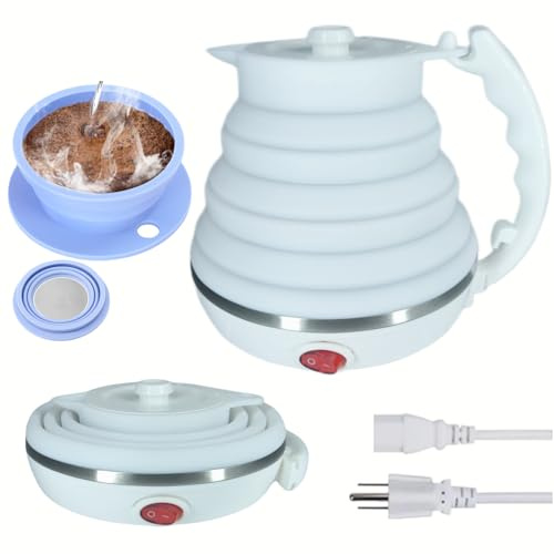 DOFQQG Bollitore elettrico da viaggio pieghevole, bollitore elettrico portatile in silicone + gocciolatore per caffè pieghevole senza carta, caffettiera da viaggio per tazza singola, bianco