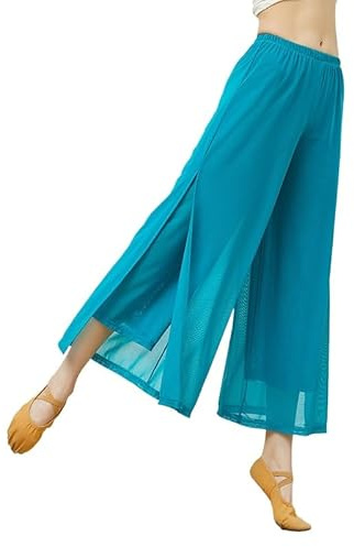 HEARTTOUCH Pantaloni da danza da donna, in chiffon, per la danza del ventre, pilates, per yoga, tinta unita, leggeri, pantaloni da allenamento, a gamba larga, abbigliamento classico da danza (blu, S)