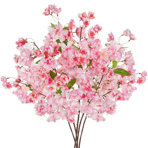 Hollyone 5PCS Künstliche Blume Rosa Künstliche Kirschblütenzweige 69cm, Frühlingsblumen Deko Blumen für Vase Frühling Sakura Seidenblumen Pfirsich Bouquet für Blumengesteck Tisch Home Dekoration