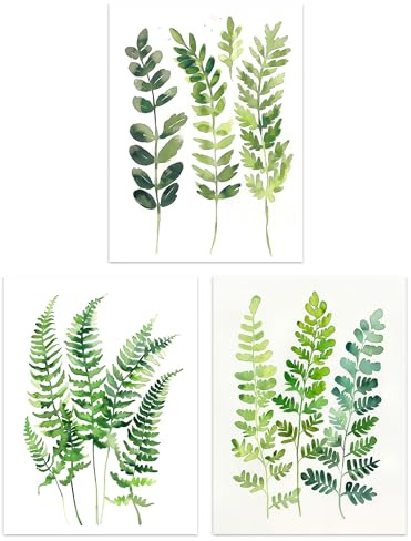 Artery8 Set of 3 Fern Fronds Leaves Botanical Watercolour Living Room A4 Size Wall Art Prints Pack