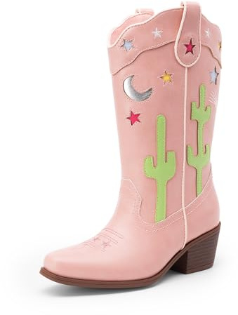 DREAM PAIRS Girls Cowboy Boots Square Toe Western Boots with Low Heel,Size 5 Big Kid,Pink,KKUMMB2501