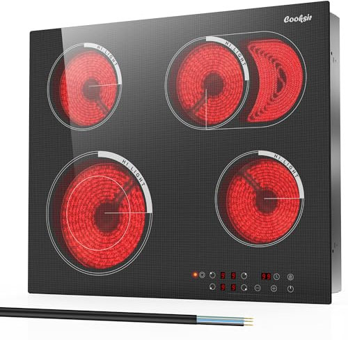 Plaque Vitrocéramique 4 Feux, Cooksir Plaque Cuisson électrique 59CM Encastrable, Contrôle Tactile par Capteur, Minuterie, Verrouillage de Sécurité, Tissu texture Verre Céramique, Sans Prise