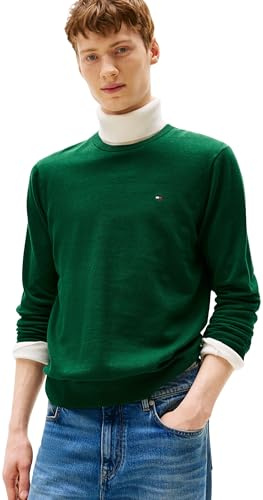 Tommy Hilfiger Jersey Hombre Essential Cotton con Cuello Redondo, Verde (Ornamental Green Heather), M
