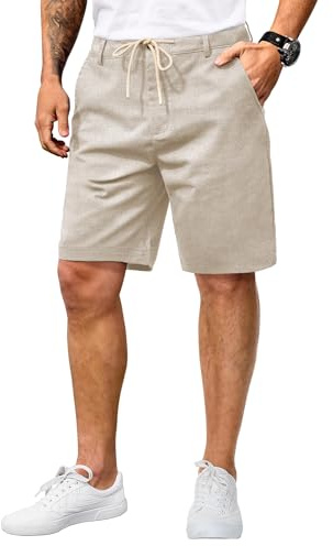 HMIYA Kurze Hosen Herren Baumwolle Leinen Shorts Herren Leichte Bermuda Sommershorts Atmungsaktiv Leinenhose Kurz mit Taschen(Khaki,EU-L)