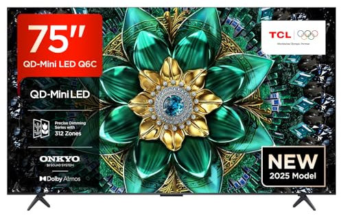 TCL 75Q6C-UK QD-Mini LED TV, 4K HDR Premium 1000nits, Smart TV Powered by Google TV (Dolby Vision IQ & Atmos, Onkyo 2.1 Sound System, 144Hz Motion Clarity Pro, 2025 New Model)