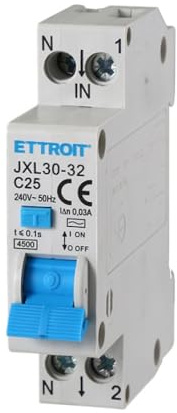 Interruttore magnetotermico differenziale salvavita, 1P+N, occupa 1 modulo DIN, 220V 230V, 25A C25, 30mA, 4,5KA 4500A, RCBO
