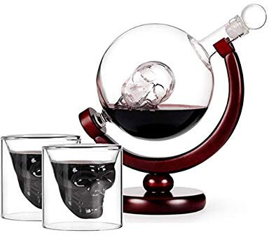 DEFBOW Set Decanter per Whisky per Uomo, Set Decanter per Whisky, Decanter per Vino Bianco, Regalo Artigianale, portabottiglie per Vino, Decanter con 2 Bottiglie di Vino a Forma di Teschio