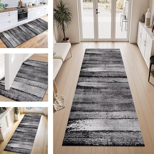 Teppich Läufer Flur Küche rutschfest Schwarz Grau 60X120CM Vintage Teppichläufer Kücheläufer Lang Waschbar Meterware Küchenteppich Flurteppich Läufer für Wohnraum Schlafzimmer Kinderzimmer Flurläufer