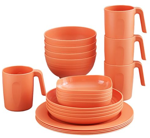 BSTMOME 20PCS Plastic Dinnerware Sets, Unbreakable and Reusable Light Weight Plates Mugs Bowls Dishes Easy to Clean, Great for Home, Garden, Picnic, Camping, Outdoor (Orange)