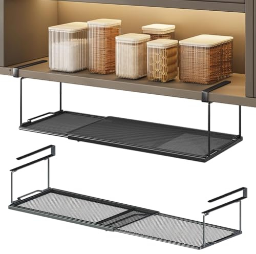 Piashow Panier métal réglable 38-70 cm, étagère extensible, organisateur cuisine, garde-manger (noir)