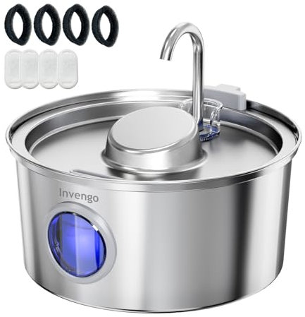 Invengo MeowFlow B40P Fuente de Agua para Gatos y Perros Pequeños 3.2L, Acero Inoxidable, 2 Modos de Flujo, Diseño a Prueba de Salpicaduras, Incluye 4 Filtros
