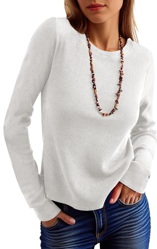 ANRABESS Women's Long Sleeve Waffle Knit Shirts Casual Slim Fitted Crew Neck Thermal Tops Basic Tee 2026 Fall Trendy Outfits White Small