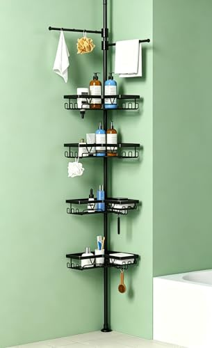 Kegii Etagere Douche avec Porte Serviette - Etagere Douche Angle Telescopique Organisateur Salle de Bain Support Savon Crochet Douche(Noir, Inox)