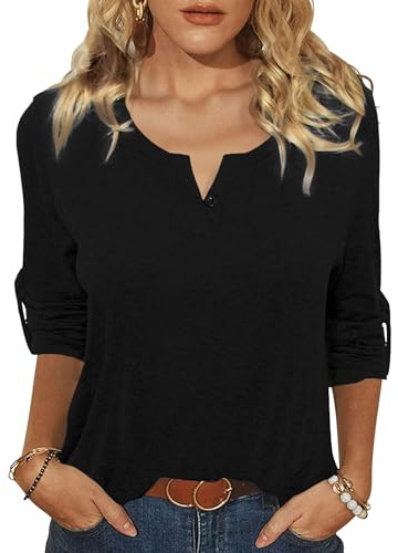 Terecey Camiseta Mujer Manga Larga Cuello en V Corte Holgado Negro
