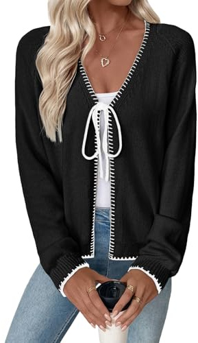 EVALESS Womens Cardigan Sweaters 2025 Fashion Trendy Bow Tie Chunky Long Sleeve Knit Fall Winter Open Front Lightweight Sweaters Outerwear Coats,Black Large