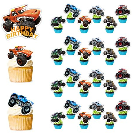 Xanthelle Monster Truck Cupcake Toppers, 1 großer Cake Topper und 24 kleine Truck Tortendeko in 6 Stilen, Monstertruck Geburtstag Deko für Party und Kuchen