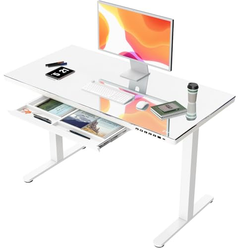JUMMICO Glas Höhenverstellbarer Schreibtisch, Elektrischer Schreibtisch mit Schublade， 120x60 cm Steh-Sitz-Schreibtisch， Standing Desk für Homeoffice， Weiß