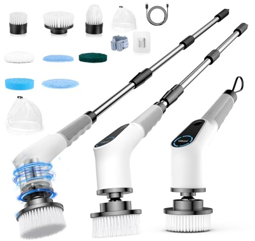 Vikeri Electric Spin Scrubber, Cordless Electric Cleaning Brush with Adjustable Extension Arm, 8 Cleaning Brush Heads, Power Scrubber for Bathroom, Kitchen,Tiles, Floors, and Bathtubs, White