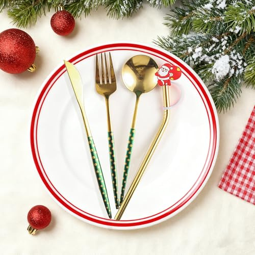 Forchette Natalizie, Dwafill Set da 4 Pezzi Forchette Acciaio Inox con Manico Colorato, Set Posate Oro, Regali Squisiti e Personalizzati (E)