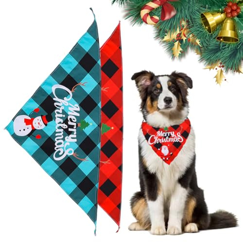 WUSJCOF 2 Bandanas de Noël pour Chiens et Chats, Foulards Triangulaires en Coton Doux, Accessoires Festifs pour Animaux (Plaid Rouge et Vert)