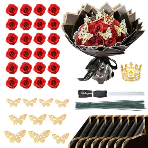 Lot de 24 Bouquets de Roses Pailletées avec Couronne, Cadeaux pour Mariage, Anniversaire, Fiançailles, Anniversaire, Noël, Saint-Valentin