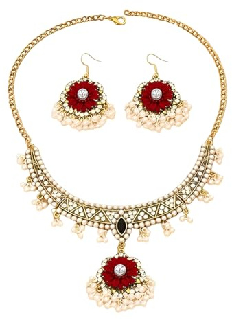 IMINI Floral Pearl Tassel Rhinestones Choker Necklace & Drop Earrings Set for Women - Trendy Antique Gold Plated Bohemian Bridal Jewellery, Traditional Indian Design for Weddings (Red)