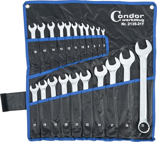 CONDOR Werkzeug 2135-21T | Gabel-Ringschlüssel-Satz | 21-tlg. | Chrom-Vanadium-Stahl | matt verchromt | 6-32 mm | Maul-Ringschlüssel Satz | Schraubenschlüssel Set | Maulschlüssel | Profi Werkzeug